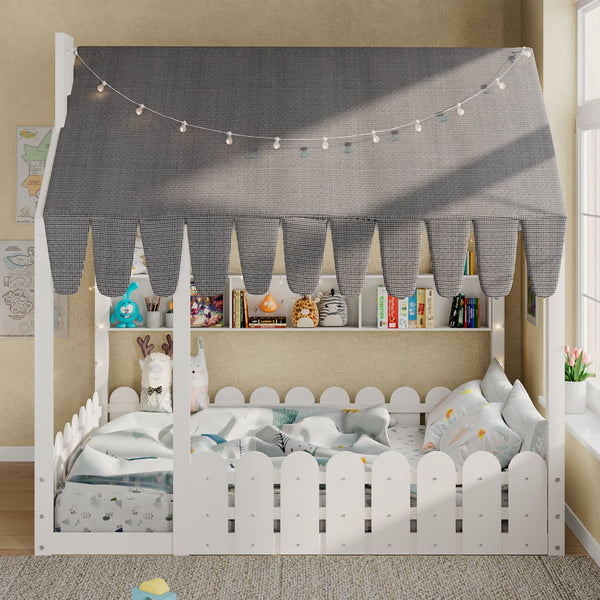 English Elm {slats Are Not Included} Twin Montessori House Floor Bed Kids Tent Lights Shelves Pinewood Frame White N708P407963K