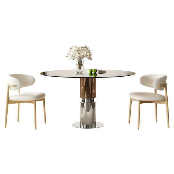 English Elm 35-inch Round Tempered Glass Dining Table with Steel Base for Small Apartments W509S00162