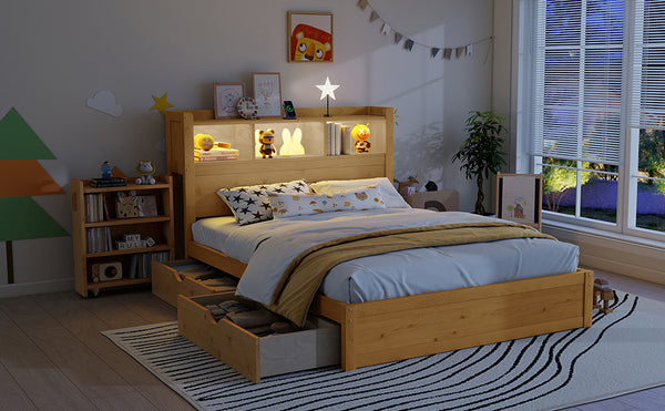 English Elm Twin Wood Storage Bed with Led Headboard Drawers and Pull Out Cabinet for Kids Natural W2593S00051