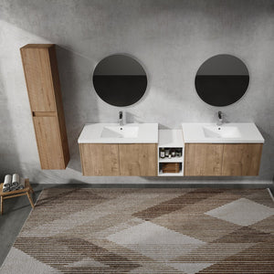 English Elm 84" Wall-Mounted Bathroom Vanity Set With Soft-Close Doors, Dual Sinks & Abundant Storage Space W999S00233