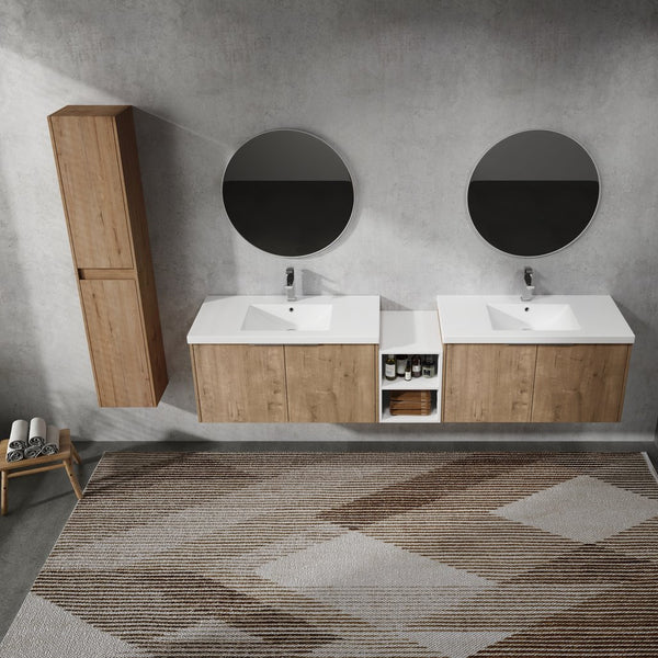 English Elm 84" Wall-Mounted Bathroom Vanity Set With Soft-Close Doors, Dual Sinks & Abundant Storage Space W999S00233