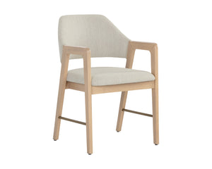 Sunpan Milton Dining Armchair - Chic Mid-Century Modern Design with Solid Rubberwood Frame & Brass Stretchers Light Wash / Mina Ivory