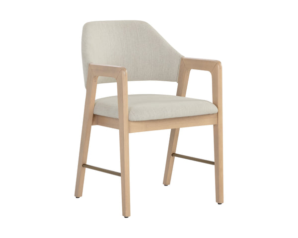 Sunpan Milton Dining Armchair - Chic Mid-Century Modern Design with Solid Rubberwood Frame & Brass Stretchers Light Wash / Mina Ivory