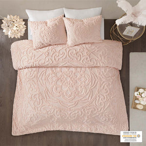 JLA Home Madison Park - 3-Piece Tufted Cotton Chenille Duvet Cover Set with Medallion Texture, Breathable OEKO-TEX Comfort Blush MP12-5981