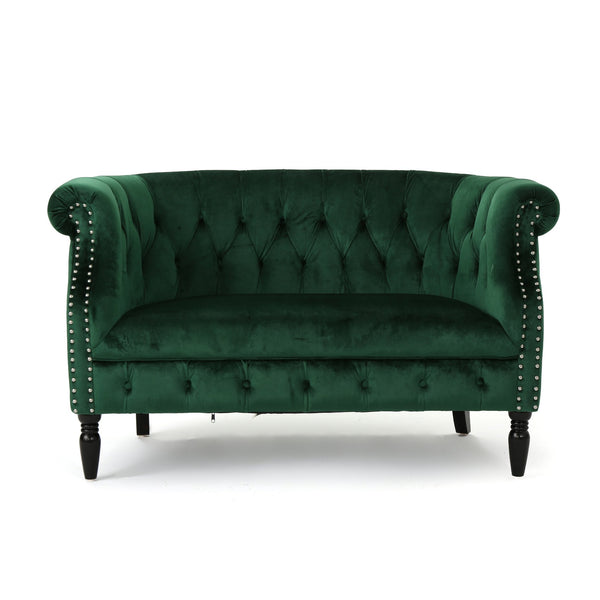 English Elm Christopher Knight Home® - LOVESEAT Chesterfield Velvet Loveseat with Deep Button Tufting, Scrolled Arms & Nailhead Trim for Elegant Comfort Emerald 61203.00NVLTEMD