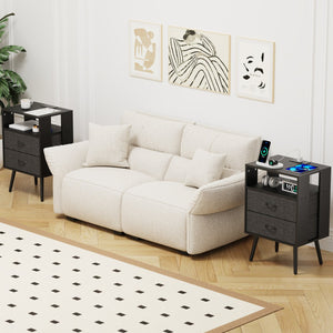 English Elm 2 Pack Modern Nightstand With Charging Station & Led Light - Stylish Bedside Tables With Fabric Drawers W1550P272496