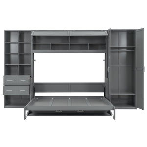 English Elm Queen Murphy Wall Bed Cabinet System with Wardrobe Drawers and Shelving in White Mdf LP000384AAE