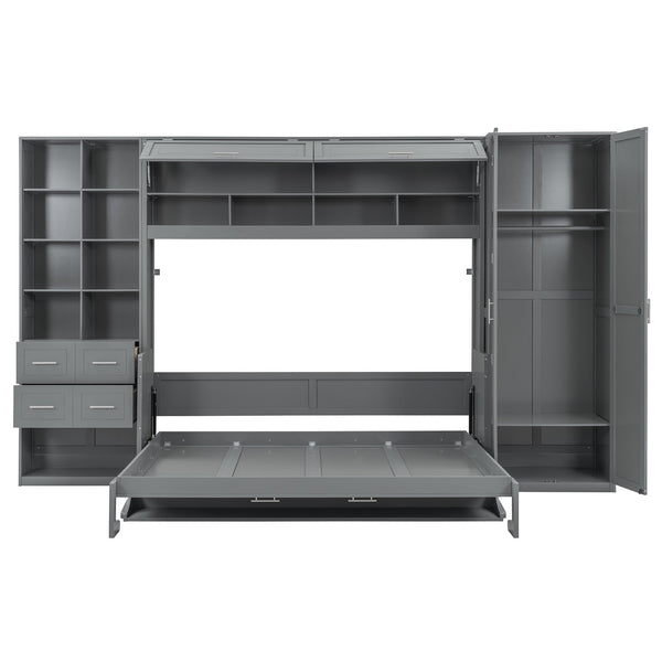 English Elm Queen Murphy Wall Bed Cabinet System with Wardrobe Drawers and Shelving in White Mdf LP000384AAE