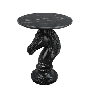 English Elm Horse Head Sculpted Resin End Table with Faux Marble Top for Bold Living Rooms Black W5398P454679
