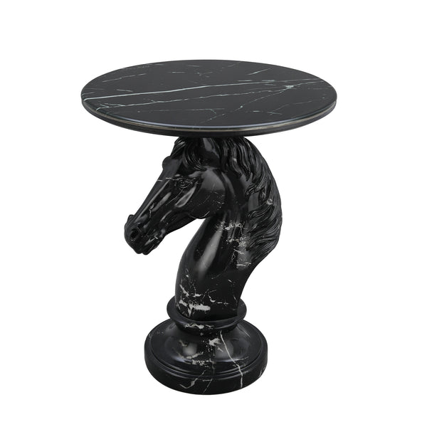 English Elm Horse Head Sculpted Resin End Table with Faux Marble Top for Bold Living Rooms Black W5398P454679