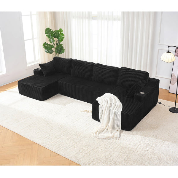 English Elm U-shaped Corduroy Cloud Sectional Sofa with Pocket Springs and Modular Living Room Seating Black W3366S00001