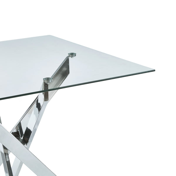 English Elm Dining Table Square Tempered Glass Top Cross Metal Base Modern Space Saving Design W234P235266