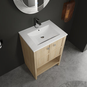 English Elm 24" Freestanding Bathroom Vanity with Ceramic Sink, Oak Finish, 2 Soft-Closing Doors, Open Shelf Storage W1972S00023