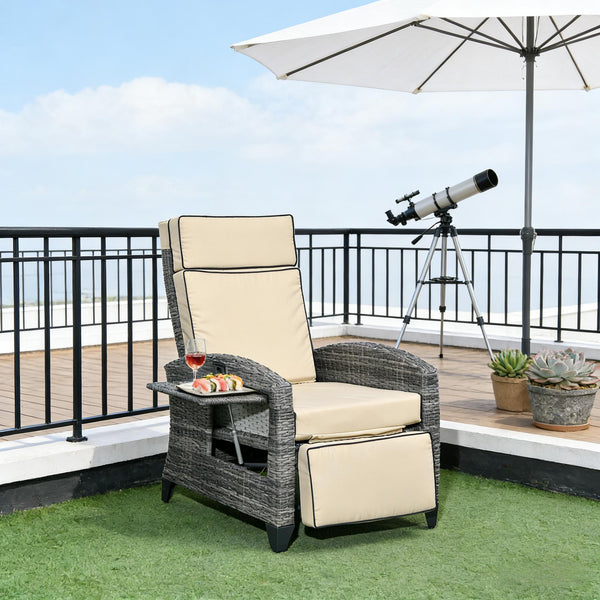 English Elm Reclining Outdoor Wicker Lounge Chair with Side Tray Thick Cushions Patio Resort T3971P444387