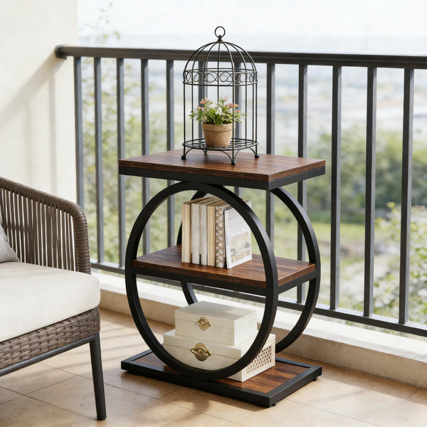 English Elm Modern Two Tier End Table Black Metal Frame Wood Grain Surface for Living Room T3971P451267