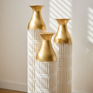 English Elm Floor White Metal Vases Set of 3 — Tall Glazed Cylinder Decor with Hammered Gold Trim, 24/28.7/33.5in W2796P193943
