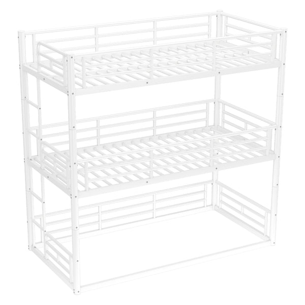 English Elm Twin Triple Metal Bunk Bed Matte Powder Coated Frame with Full Safety Guardrails Light White W1580S00579