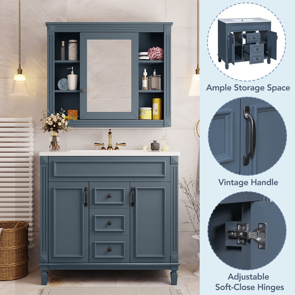 English Elm 36'' Bathroom Vanity with Sink and Mirror Cabinet, Modern MDF & Solid Wood Design, Ceramic Top, Soft-Close Doors Blue SW000115AAC-1