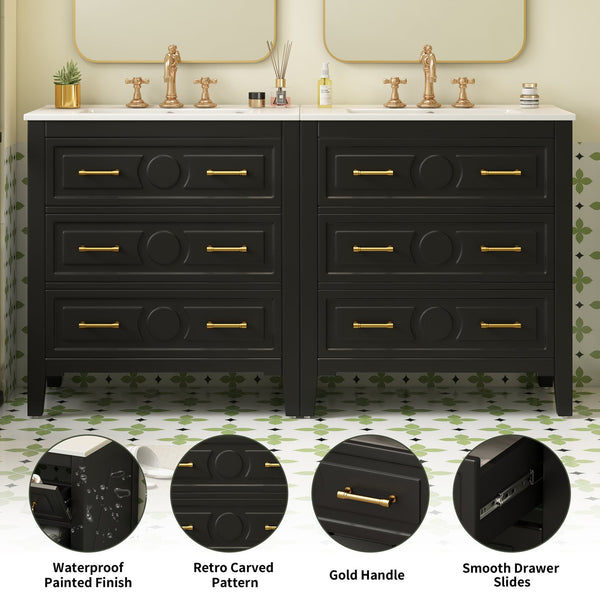 English Elm 60'' Elegant Black Bathroom Vanity Set With Ceramic Sink, 6 Drawers, Solid Wood Frame & Storage N710SS00003B