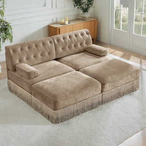 English Elm With Tufted Velvet Sectional Sofa Two Ottomans Tassel Skirt French Chesterfield Living Room Camel W714S01744