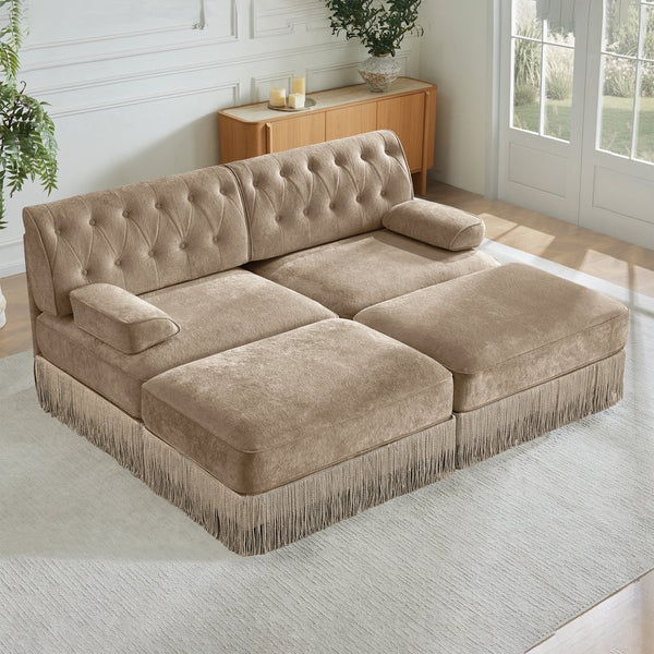 English Elm With Tufted Velvet Sectional Sofa Two Ottomans Tassel Skirt French Chesterfield Living Room Camel W714S01744