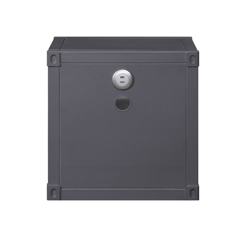 English Elm Cargo Gunmetal Industrial Nightstand with USB Ports, Metal Cargo Panel Design, 2 Open Shelves, 40lb Top B2726P287762