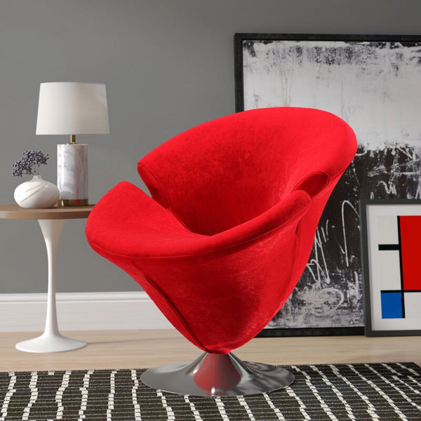 English Elm Tulip Velvet Swivel Lounge Chair Red — 360° Tulip-Shaped Velvet Seat with Polished Chrome Base, 300 lb Capacity, No Assembly Required B365P397983
