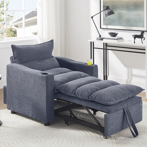 English Elm Sleeper 3-in-1 Convertible Sofa Chair Bed with Lychee Velvet, Adjustable Recline & Cup Holder Grey W1117P265779