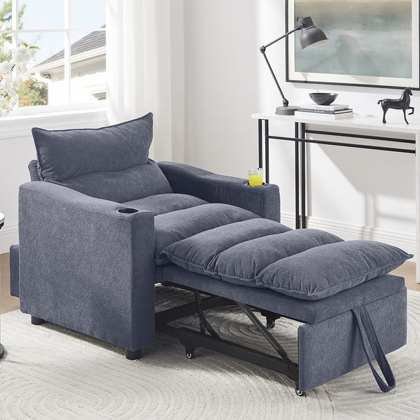 English Elm Sleeper 3-in-1 Convertible Sofa Chair Bed with Lychee Velvet, Adjustable Recline & Cup Holder Grey W1117P265779