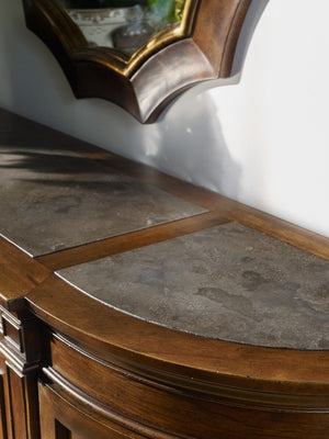 Hooker Furniture Archivist Pecky Pecan Sideboard With Bluestone Top, Antique Hardware, Felt-Lined Drawers & Pull-Out Serving Surface 5447-75903