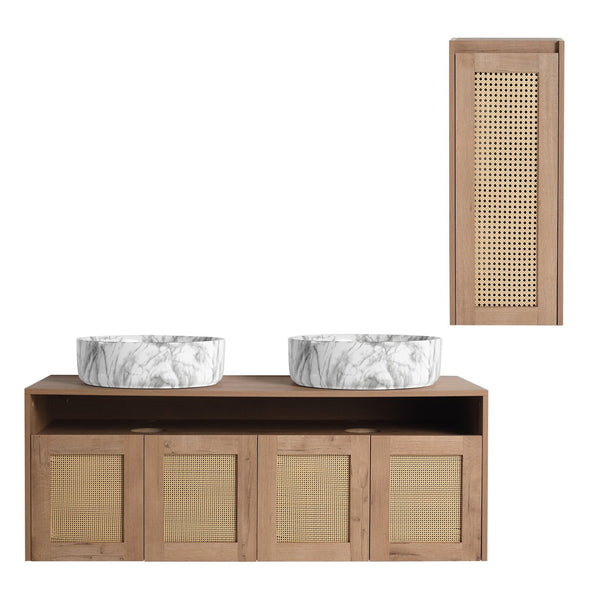 English Elm 48" Floating Bathroom Vanity Dual Ceramic Vessel Sinks Oak Finish Soft Close Doors W999S00500