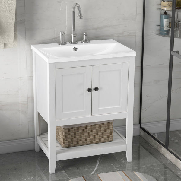 English Elm [video] 24 Inch Freestanding Bathroom Vanity Birch Wood Frame Ceramic Sink Open Shelf JL000004AAK
