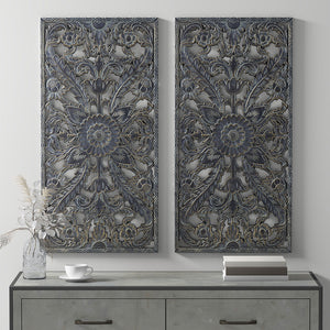 JLA Home Madison Park - Distressed Carved Wood Lotus Wall Art Set with Hand-Distressed Finish, Dimensional Botanical Panels for Home Decor Antique Blue MP95B-0264