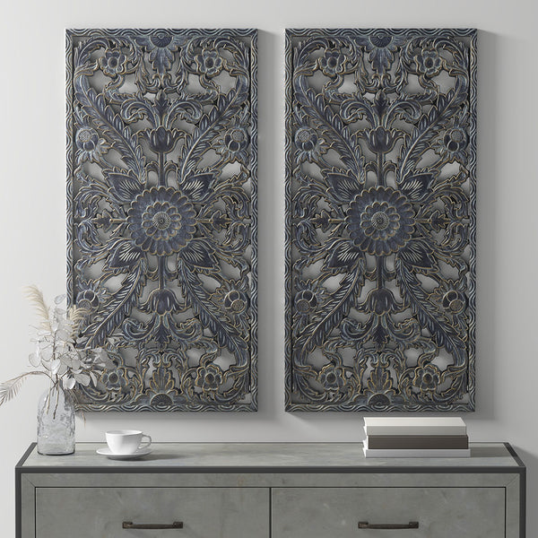 JLA Home Madison Park - Distressed Carved Wood Lotus Wall Art Set with Hand-Distressed Finish, Dimensional Botanical Panels for Home Decor Antique Blue MP95B-0264