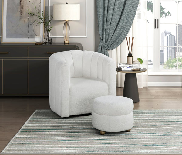 English Elm Modern Swivel Chair with Ottoman in Bouclé Fabric, Solid Wood Frame, Cozy Curved Design for Living Rooms White 32 L x 31 W x 31.25 H B011P281847