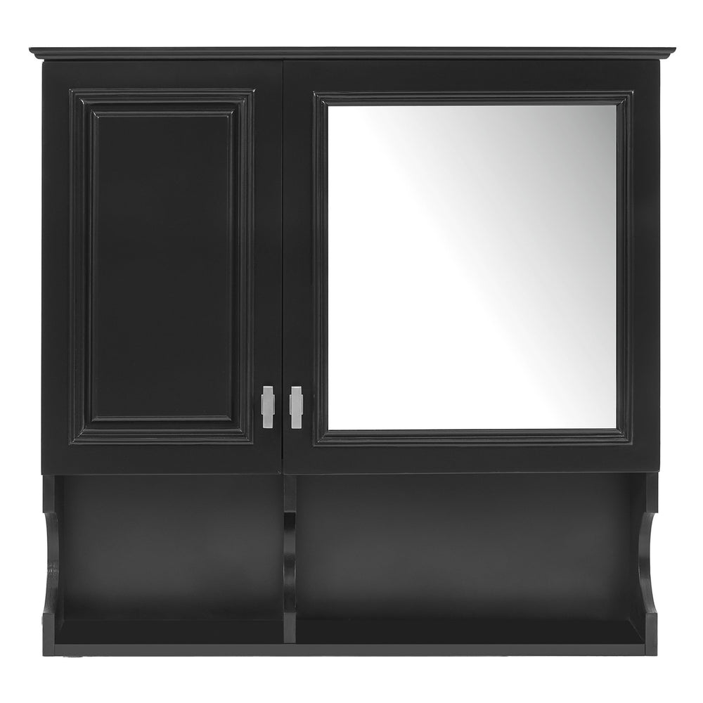 English Elm 30 30 Inch Mirror Medicine Cabinet with Half-Moon Design, Soft-Close Hinges, Open Shelf & Solid-Wood Frame Black N710P322812B
