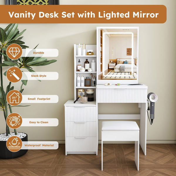 English Elm Modern Makeup Vanity Desk with Led Lighting Four Drawers Mirror and Built-in Power Outlet White W509P465830