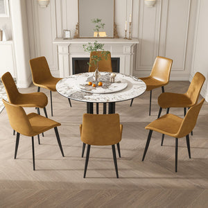 English Elm 53" Round Sintered Stone Dining Table With Lazy Susan, Black Steel Base - Stylish & Durable Design W2699S00040