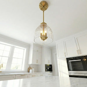 English Elm Ember Satin Brass Chain Pendant Three Candle Lights Clear Glass Dining Room B183P230892