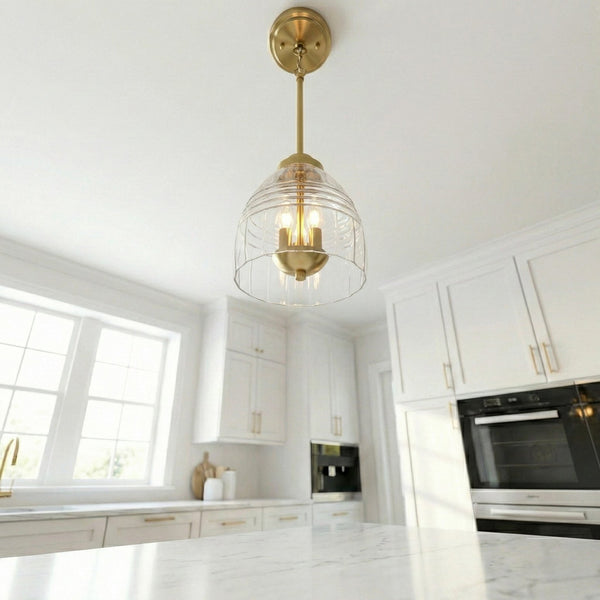 English Elm Ember Satin Brass Chain Pendant Three Candle Lights Clear Glass Dining Room B183P230892