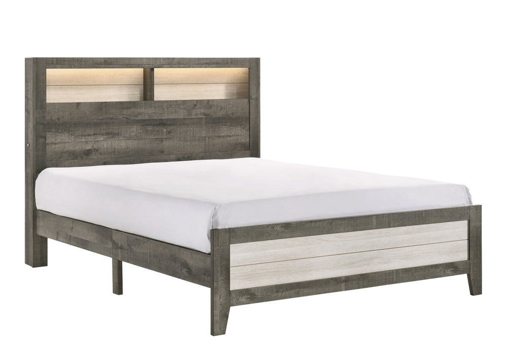 English Elm 1pc King Size Platform Storage Bed with Plank Headboard, Built-In LED Lighting, Modern Farmhouse Chic Beige,Gray 82.9 L x 30.7 W x 11.25 H B2741P343799