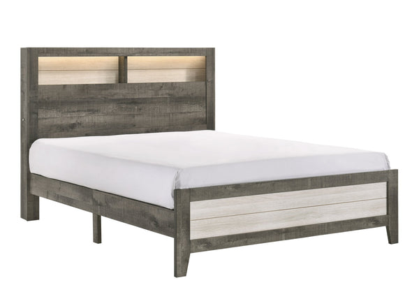 English Elm 1pc Queen Size Platform Storage Bed with Plank Headboard and Built-In Lighting, Modern Farmhouse Design Beige,Gray 66.9 L x 30.7 W x 11.25 H B2741P343797