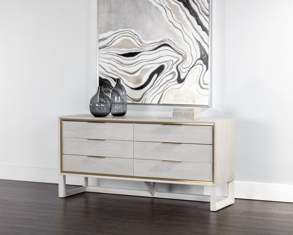 Sunpan Cordoba Dresser - Rustic Oak Elegance with Six Drawers, Pearl River Grey Finish & Gold Hardware