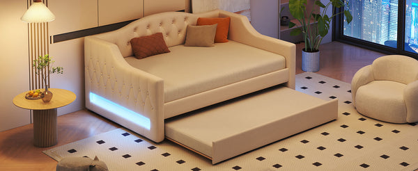 English Elm Upholstered Full XL Daybed with LED Belt and Trundle, Linen Backrest, Modern Silhouette, 450lb Capacity Beige DL002059AAA