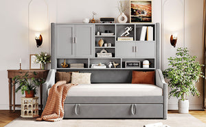 English Elm Twin Upholstered Daybed with LED Armrest Lighting, Hidden Storage Shelves & Lift-Up Pull-Out Trundle Gray SF000198AAE