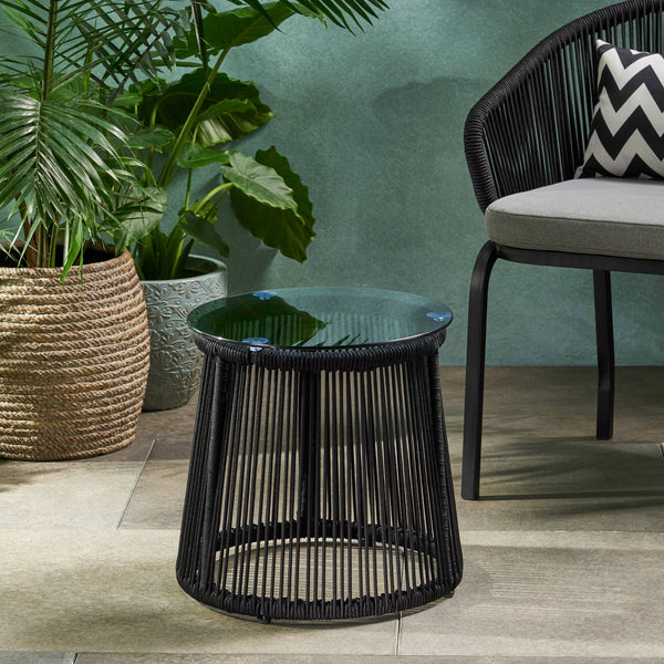 English Elm Christopher Knight Home® - MOONSTONE Modern Woven Rope Side Table with Tempered Glass Top, Black Iron Frame, Handcrafted Durable Chic 67842.00BLK