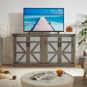 English Elm 65-Inch Slate Gray 3D Faux Rattan Sideboard with Barn-Style Doors, Magnetic Closure & Adjustable Shelves Stone Gray W2702P184395