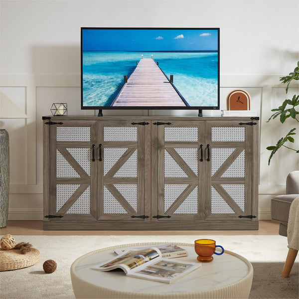 English Elm 65-Inch Slate Gray 3D Faux Rattan Sideboard with Barn-Style Doors, Magnetic Closure & Adjustable Shelves Stone Gray W2702P184395