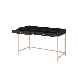 English Elm Black Black High Gloss and Gold Two-Drawer Writing Desk with Sleek Gold Legs, Ample Storage, Modern Elegance B062P184559