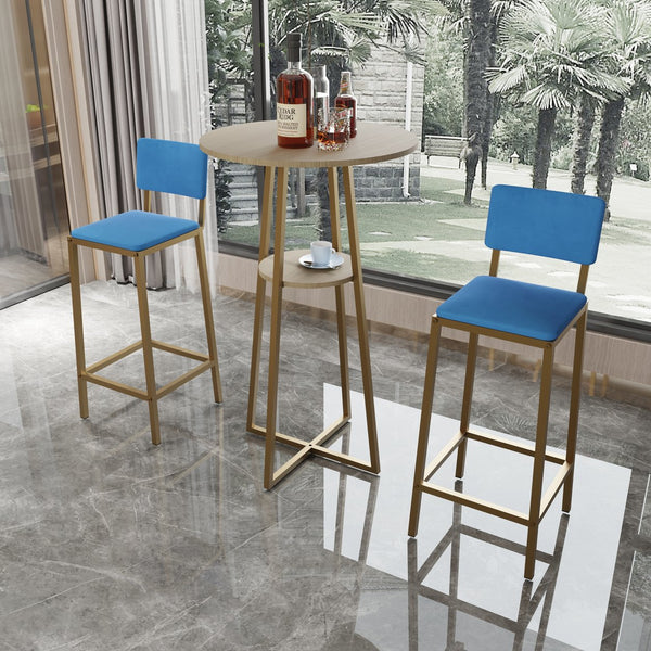 English Elm Bar Table and Chair Set Gold Frame Blue Velvet Cushions with Built-in Storage Shelf W3064P245389